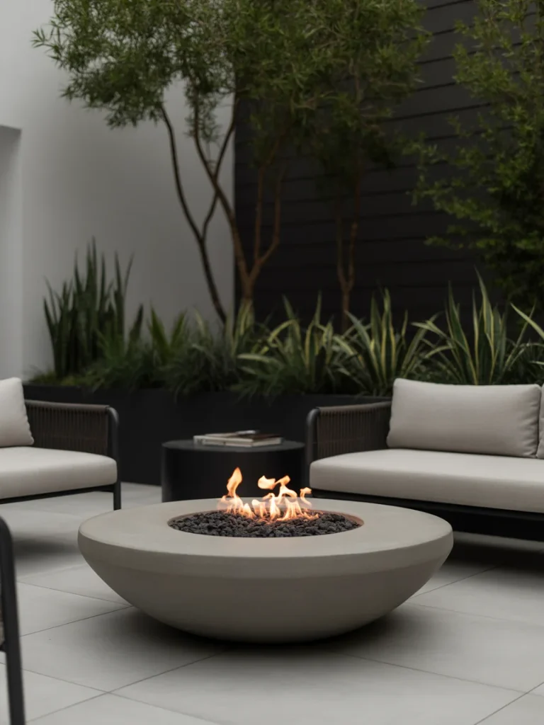 Modern patio with a sleek concrete fire bowl surrounded by minimalist outdoor seating and greenery.