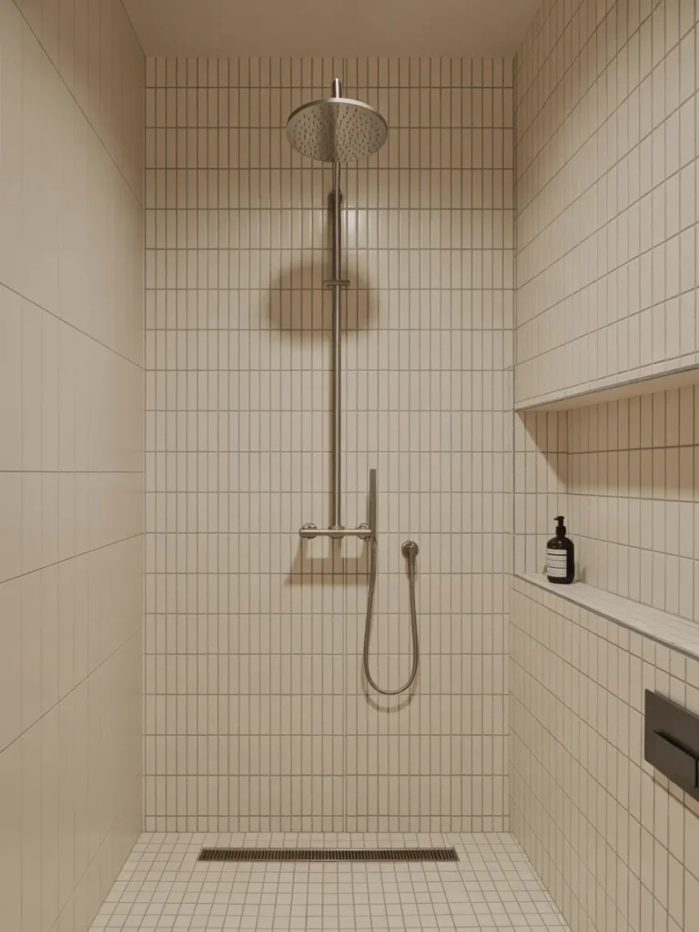 Contemporary walk-in shower with vertical beige tiles, rainfall showerhead, and sleek built-in shelf.