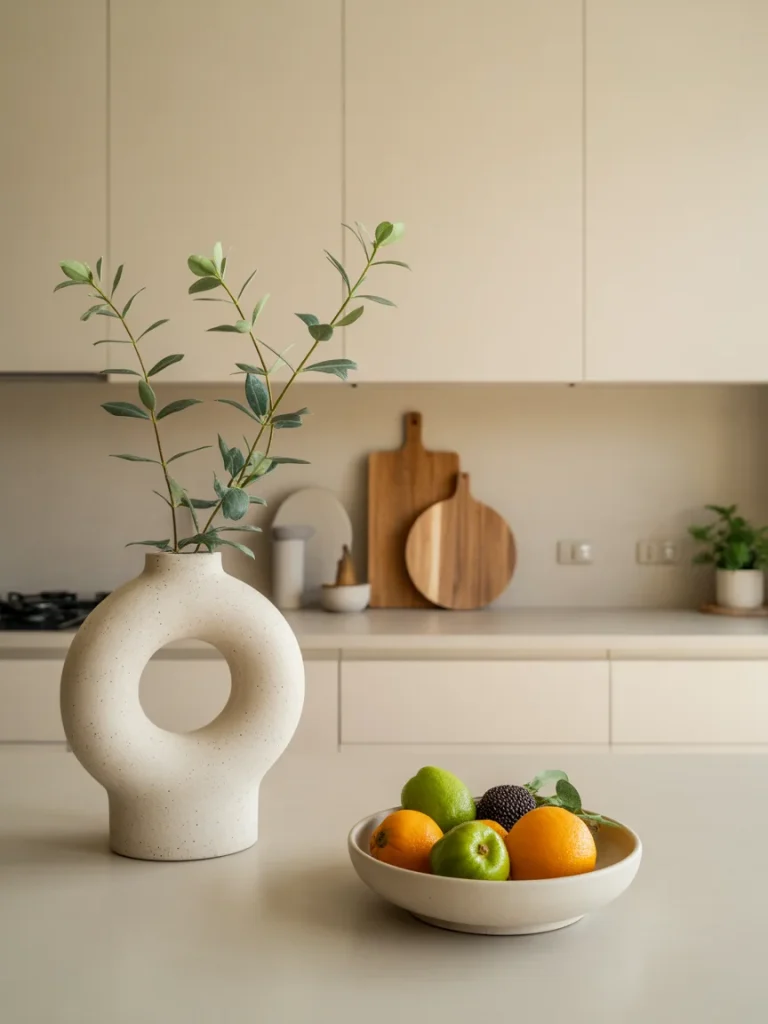 Minimalist modern kitchen countertop with a sculptural vase, green branches, and a bowl of fresh fruit.