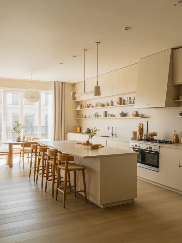 Warm modern kitchen with a large island, open shelving, neutral tones, and natural light.