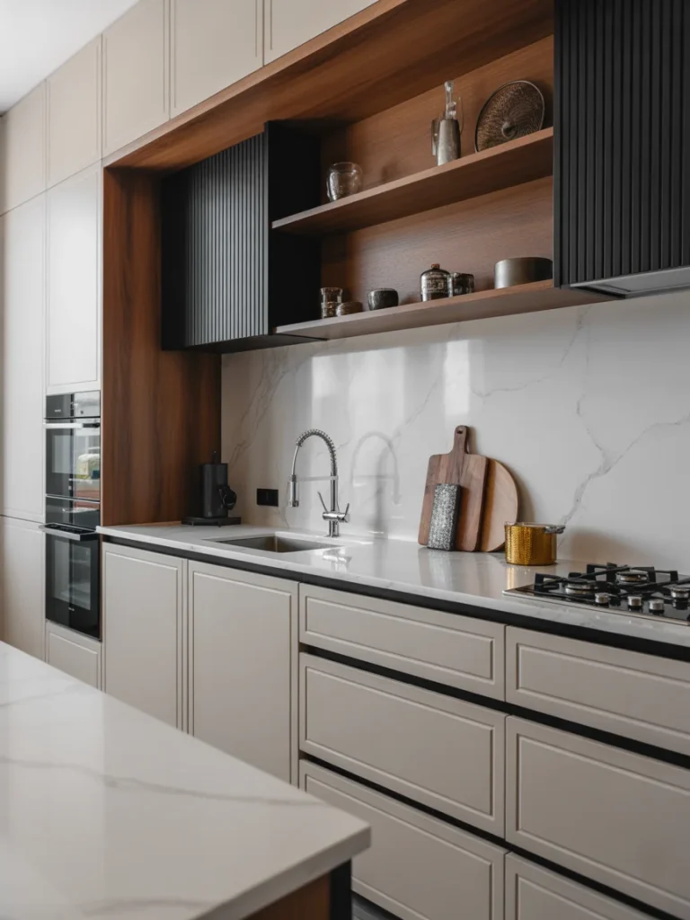Modern kitchen with wood and marble finishes, sleek cabinetry, and minimalist open shelving.