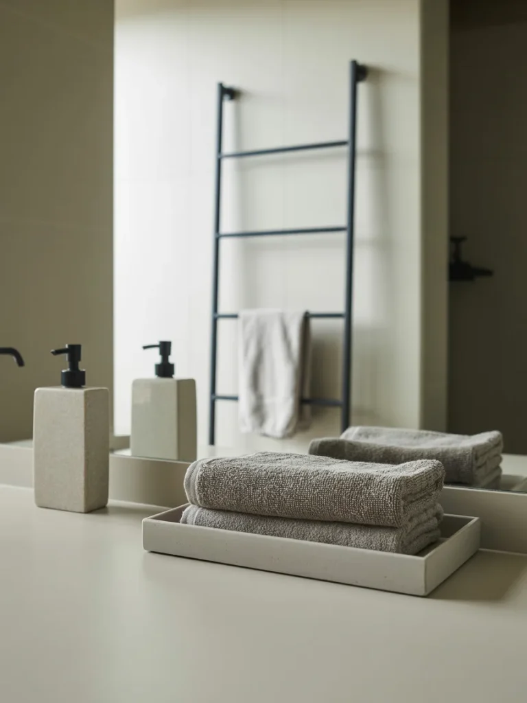 Minimalist bathroom counter with folded towels, soap dispensers, and sleek black towel rack in a modern neutral space.