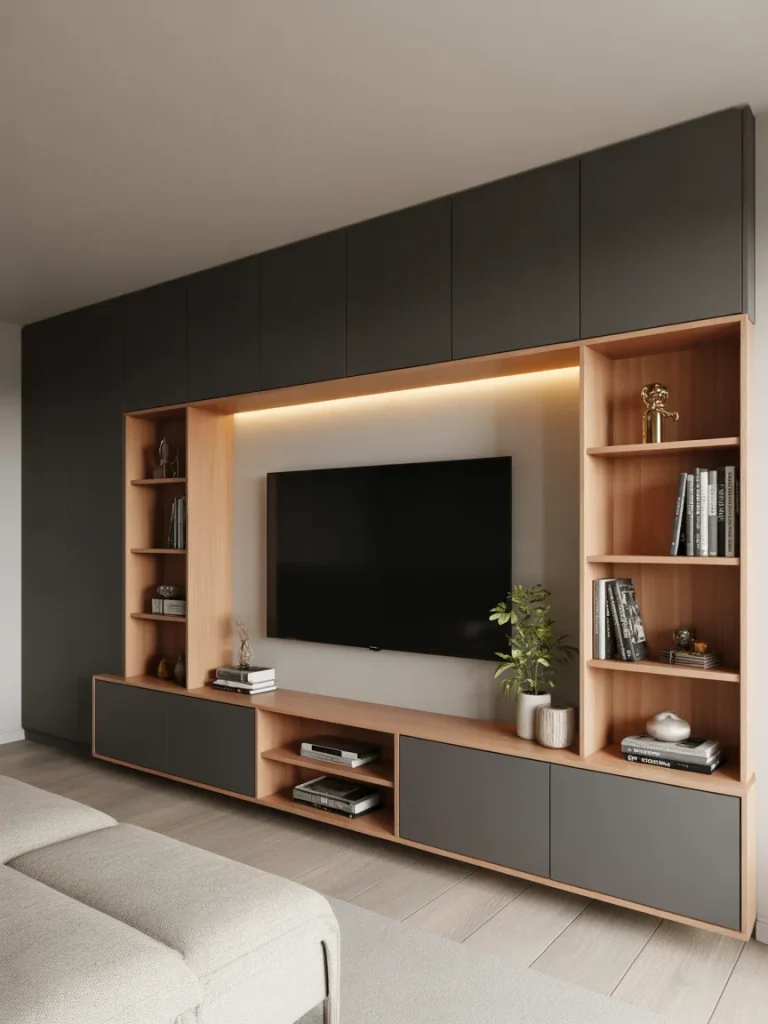 Modern TV wall with built-in storage cabinets, open shelving, and warm accent lighting.