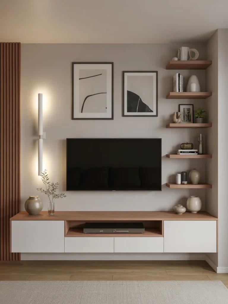 Modern TV wall with floating console, wall art, and open wooden shelves styled with minimalist decor.