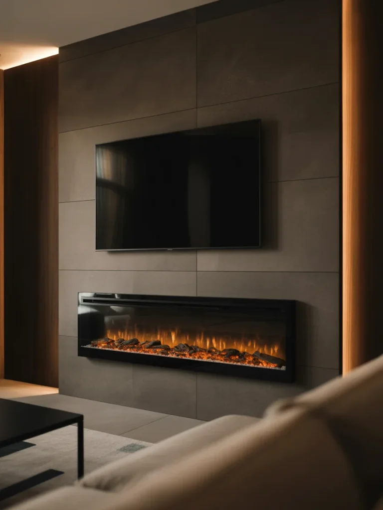 Modern TV wall with built-in electric fireplace and sleek dark paneling in a cozy living room.