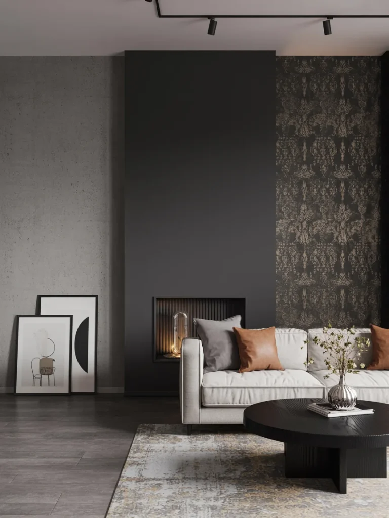 Contemporary living room with dark accent wall, patterned wallpaper, and neutral decor for a stylish modern look.