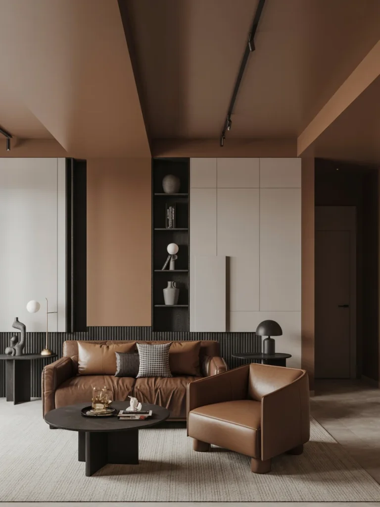 Modern brown living room with leather sofa and armchair, black coffee table, and minimalist wall shelves in a warm neutral palette.