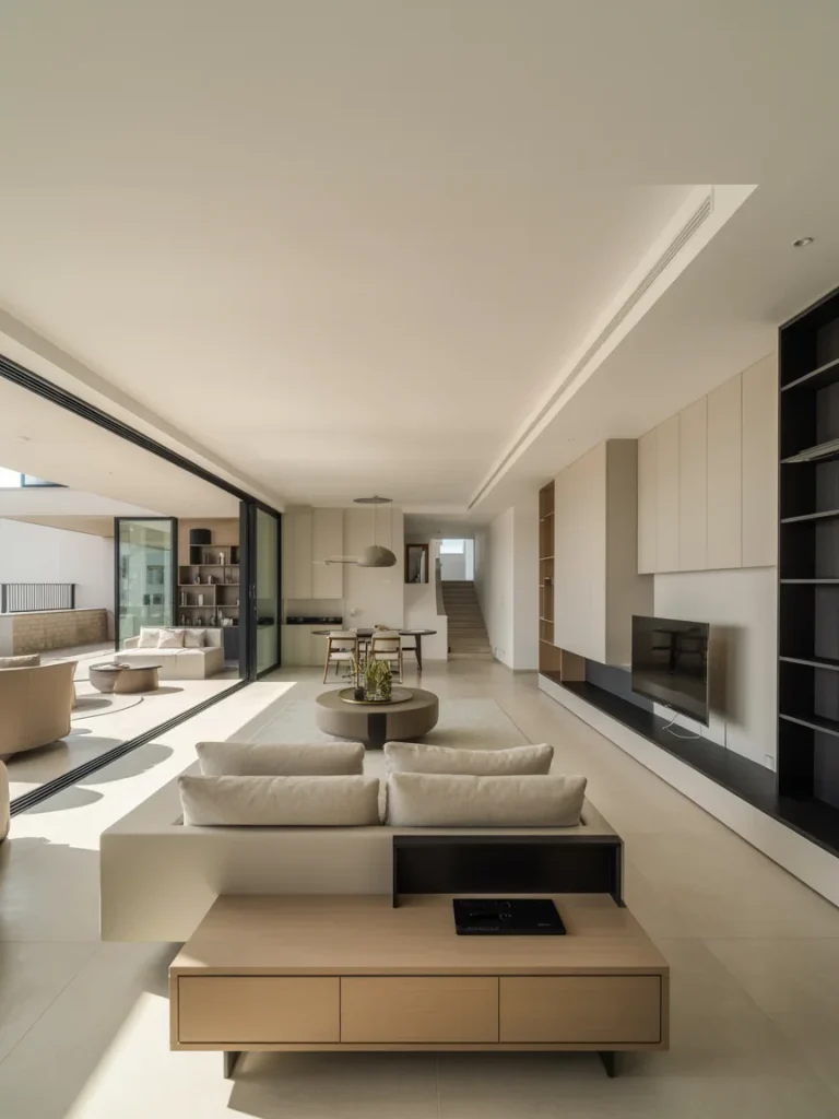 Sleek modern open concept living room with neutral tones, minimalist furniture, and large sliding glass doors.
