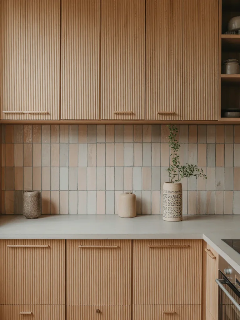 Kitchen with ribbed wood cabinets, handmade tile backsplash, and minimalist ceramic decor highlighting natural textures and materials.