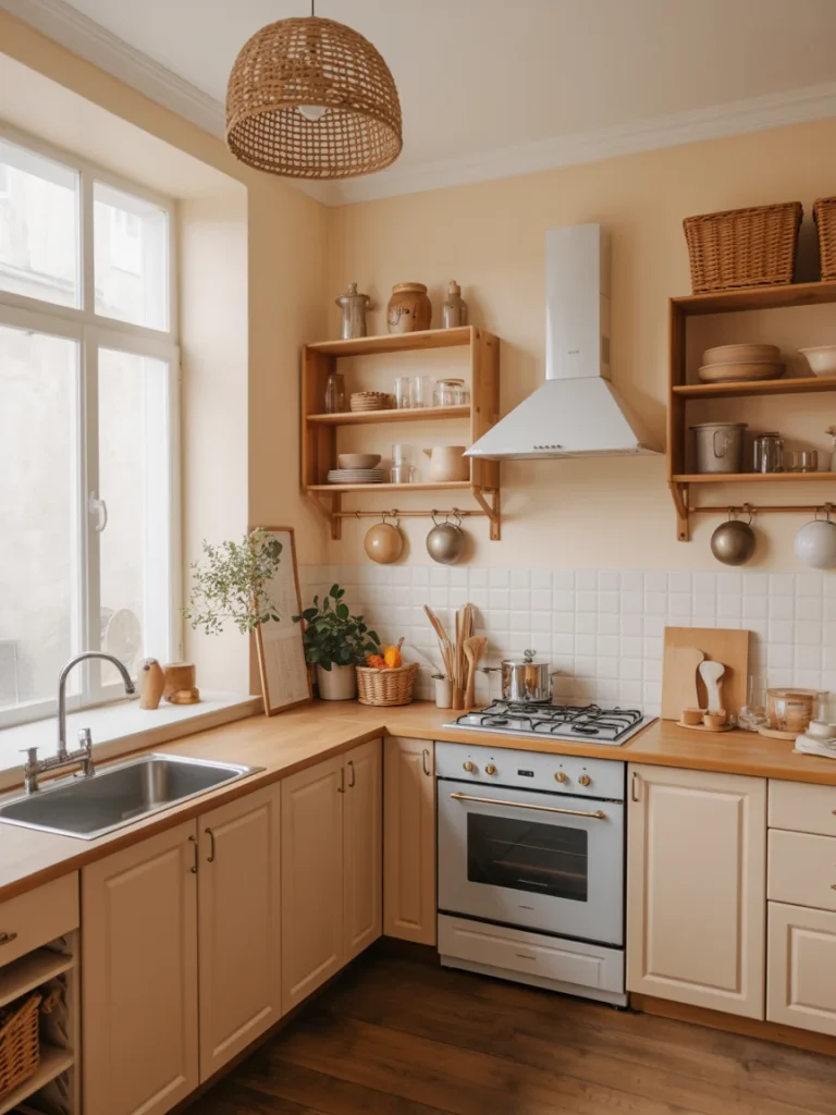 Cozy earthy kitchen with beige cabinets, wooden countertops, open shelving, and natural woven decor accents.
