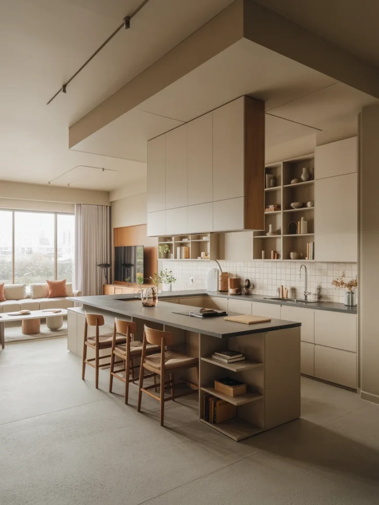 Open-concept kitchen with neutral tones, large island, and integrated shelving designed for modern multi-functional living.