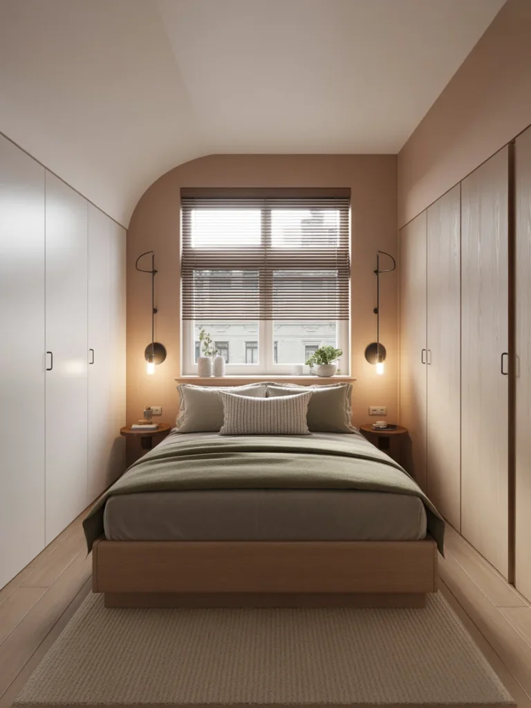 Compact bedroom with symmetrical layout, built-in wardrobes, and warm earthy tones.