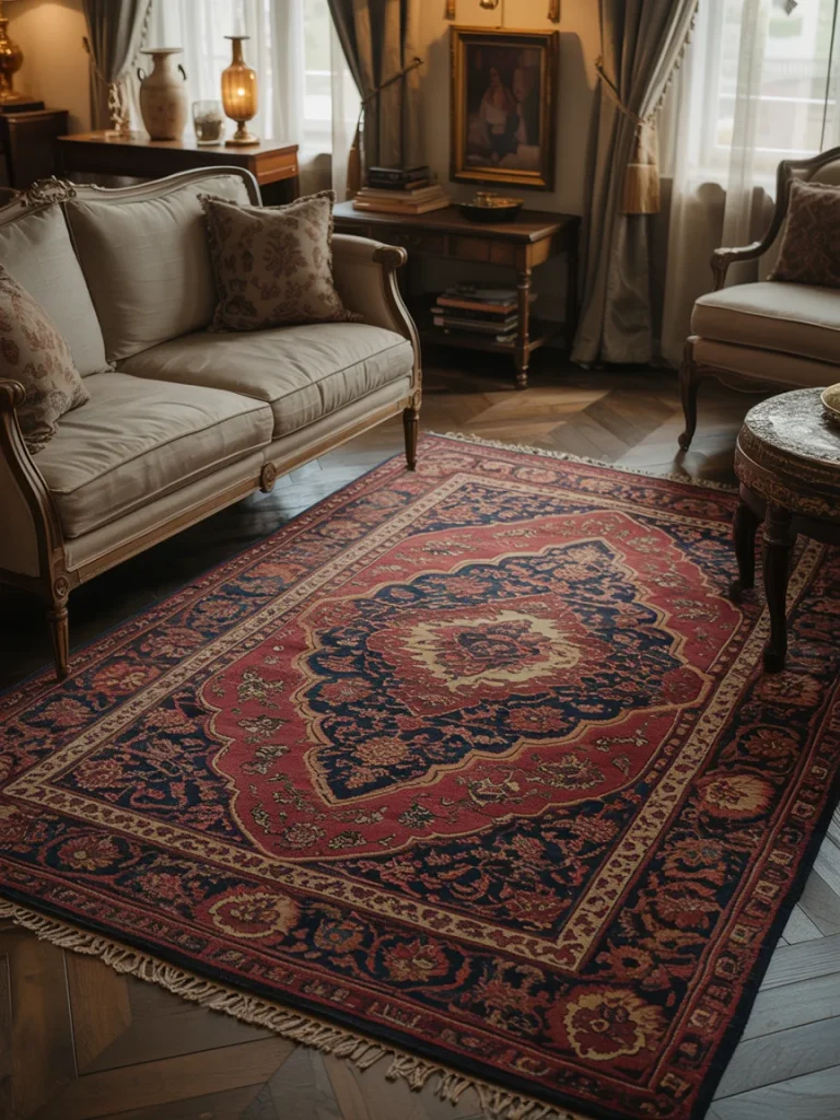 An elegant living room featuring a traditional oriental rug with rich red and navy patterns, paired with vintage-style furniture, draped curtains, and classic decor accents.