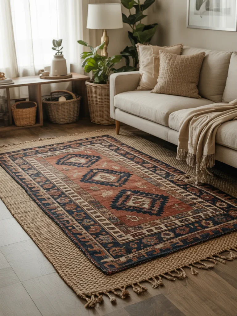 A cozy living room featuring a layered rug design with a woven jute base and a patterned oriental-style rug on top, complemented by a beige sofa, neutral pillows, and indoor plants.