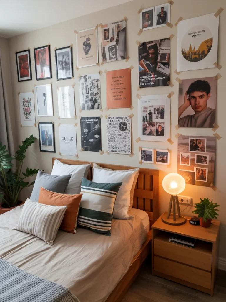 Stylish student bedroom with a creative photo wall, posters, and cozy bedding that add personality and warmth to the space.