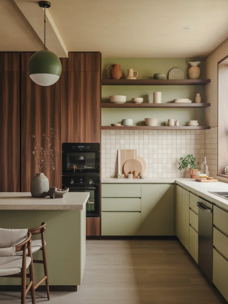 Warm modern kitchen with green cabinets, wood accents, and open shelving showcasing a personalized kitchen design.