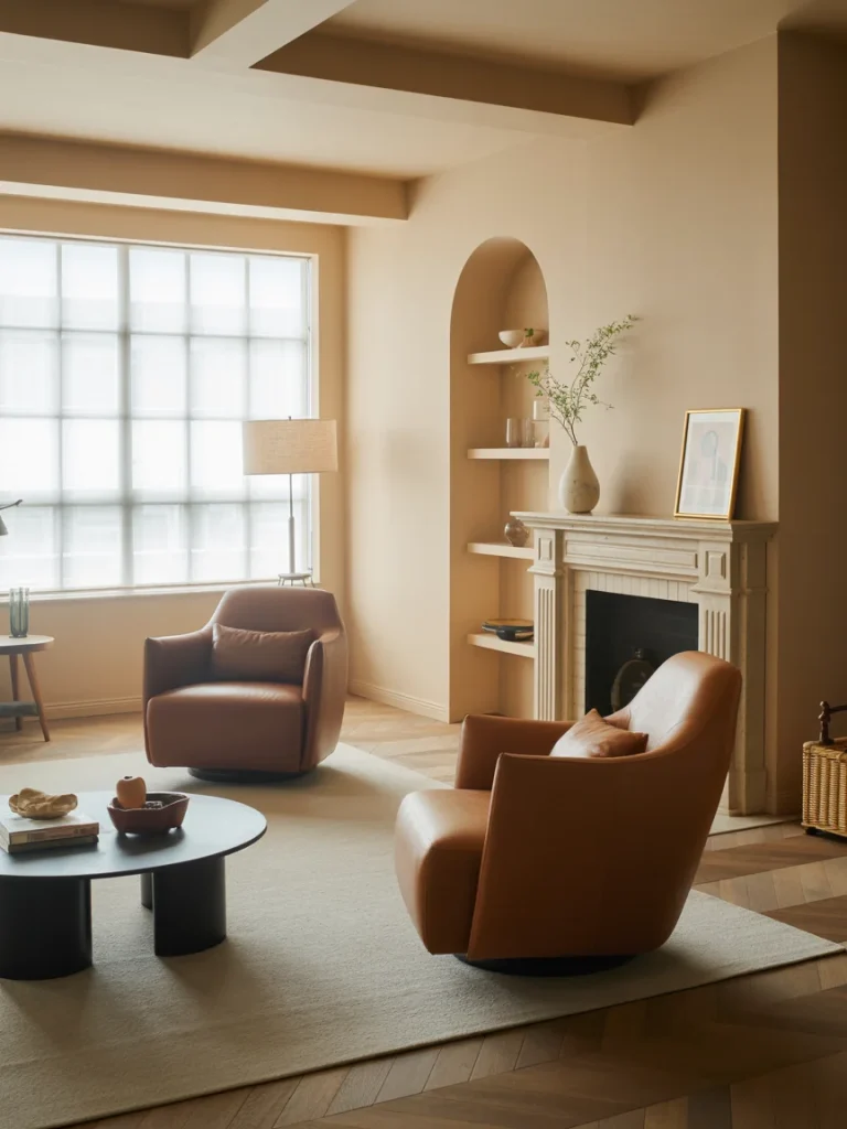 Warm modern living room with two brown leather swivel chairs, a round black coffee table, and a neutral-toned interior with soft natural light.