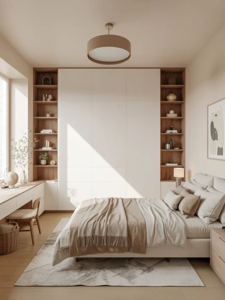Minimalist bedroom with a custom built-in dresser surrounded by wooden shelving and soft neutral decor.