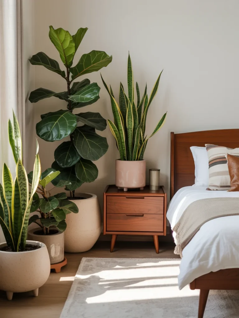 Mid-century modern bedroom with indoor plants in ceramic planters beside a wooden bed and nightstand.