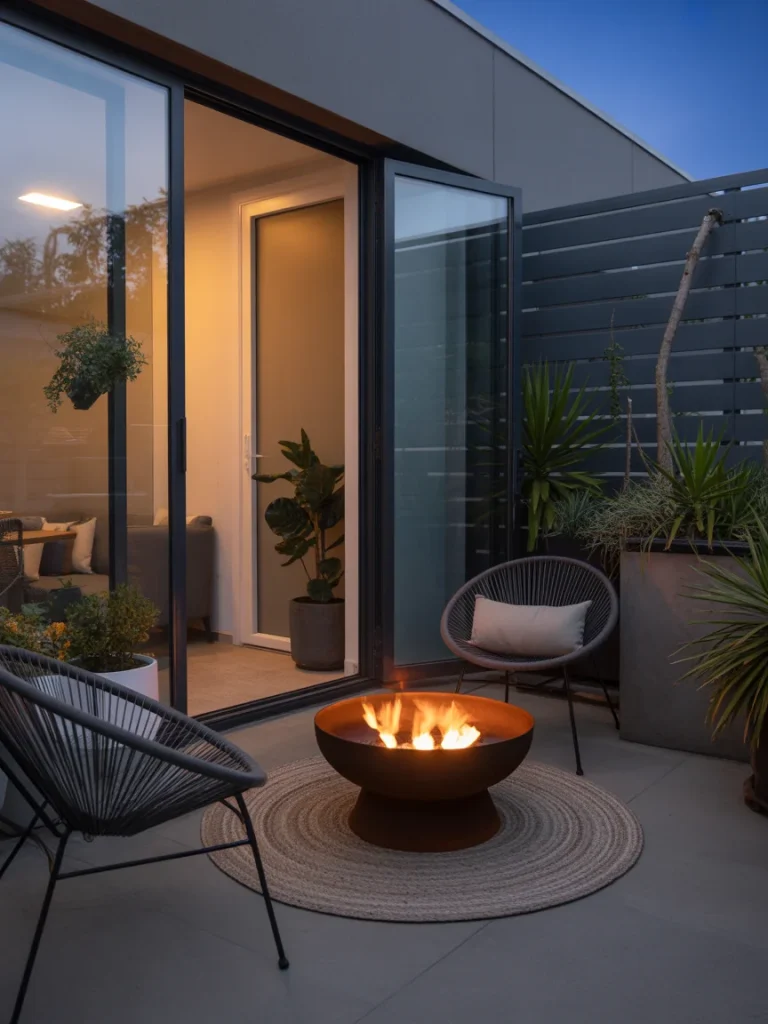 Cozy small patio with a portable fire pit, modern chairs, and warm ambient lighting.