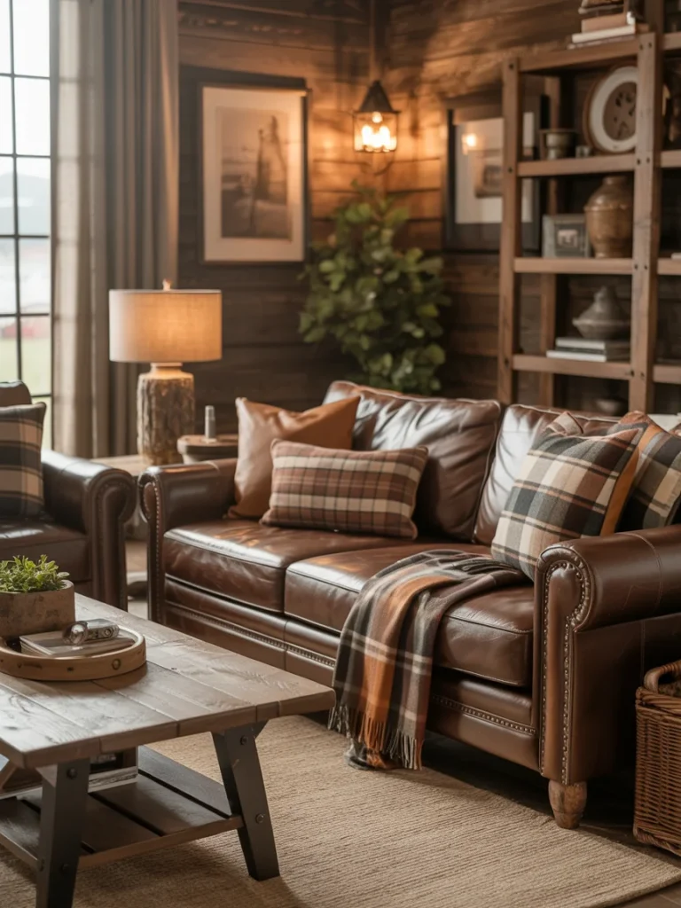Rustic brown living room with leather sofas, plaid pillows, wooden coffee table, and farmhouse-style decor in a cozy cabin setting.