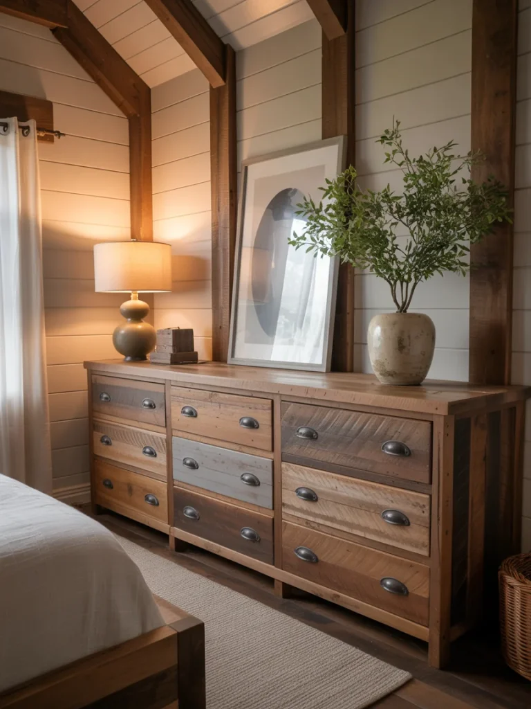 Rustic farmhouse dresser made of reclaimed wood with natural textures and warm lighting in a cozy bedroom.