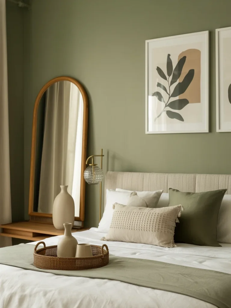 Sage green bedroom with minimalist wall art, neutral bedding, and natural accent décor for a modern, calming look.