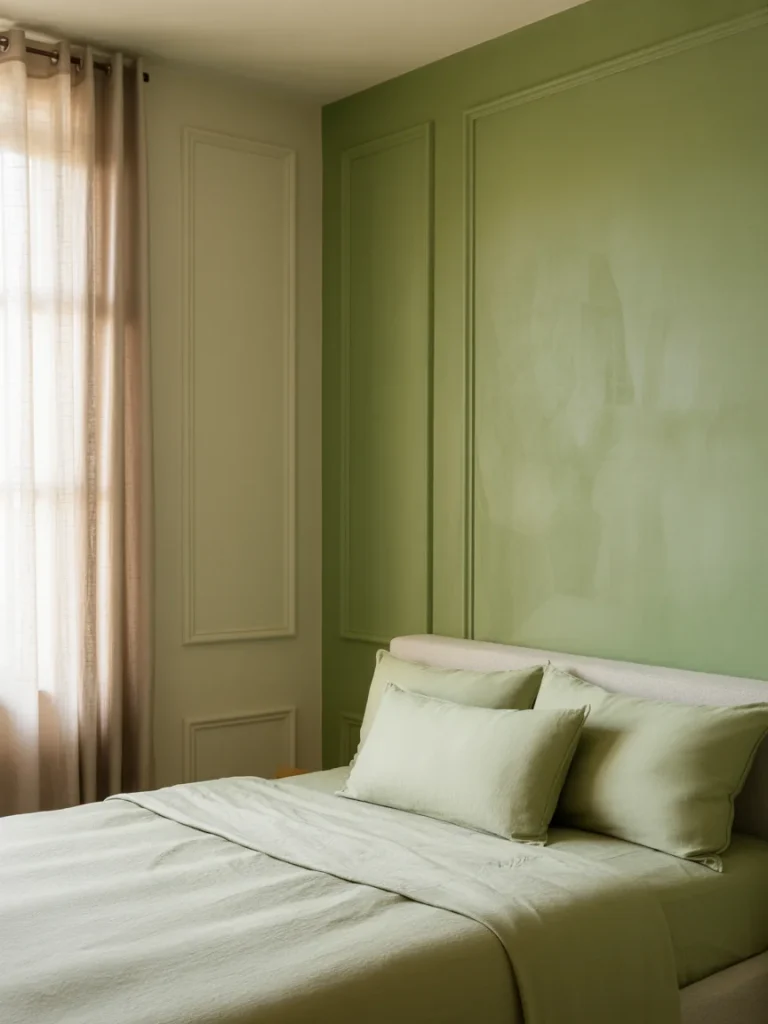 Sage green bedroom with soft wall paneling, matching bedding, and natural light filtering through sheer curtains.