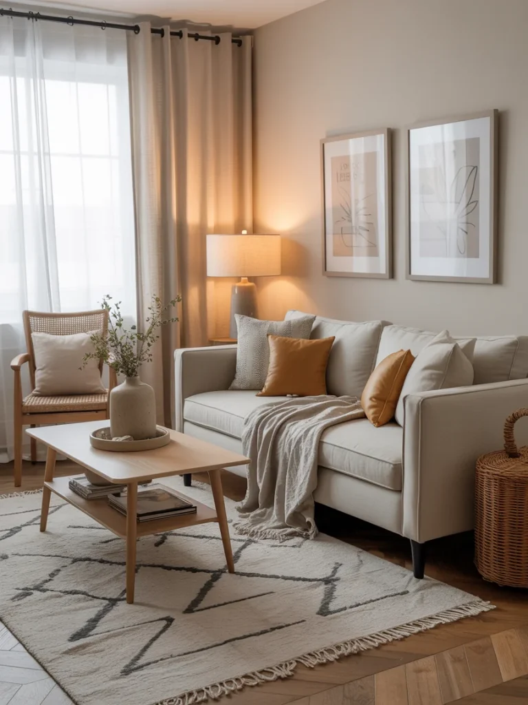 Cozy living room with neutral furniture, soft lighting, and seasonal accents in warm beige and mustard tones.