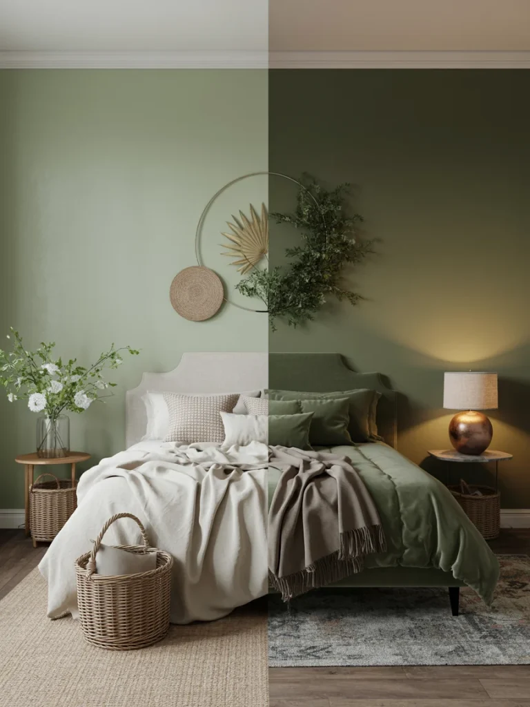 Sage green bedroom styled for two seasons, featuring light and airy decor on one side and warm, cozy tones on the other.