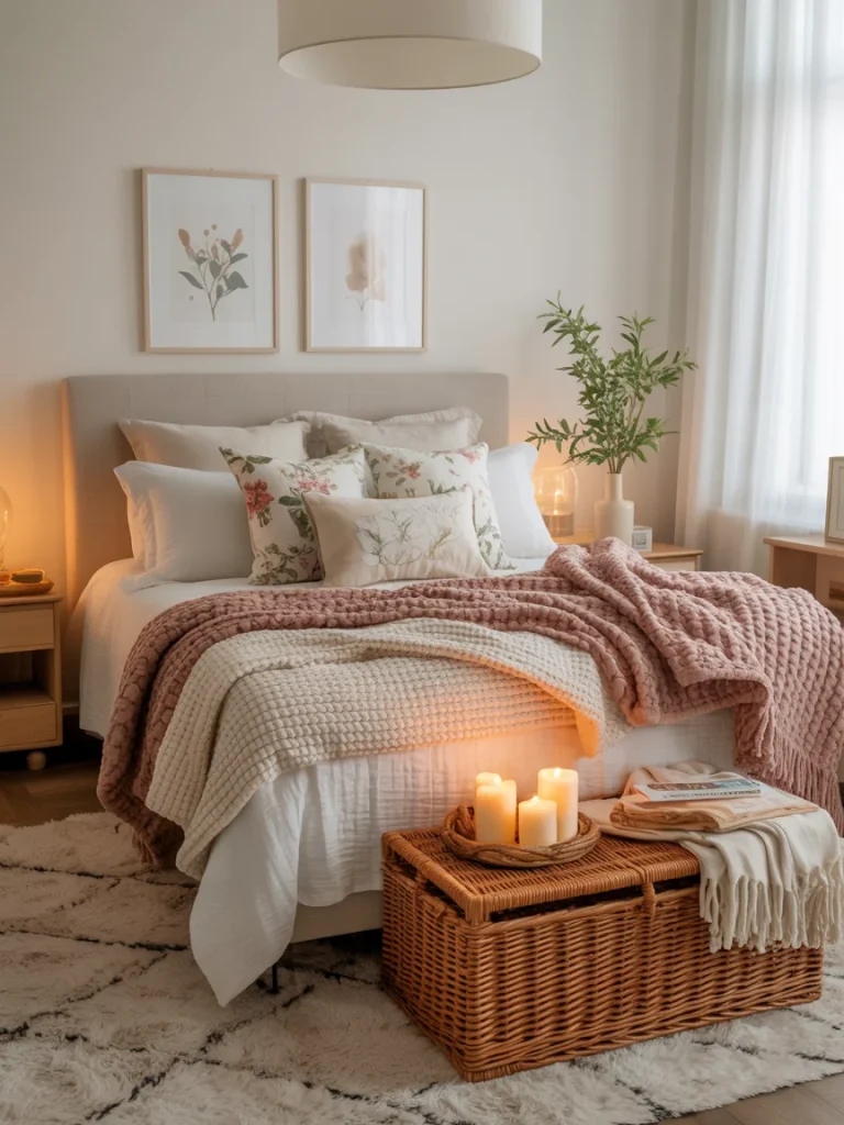 Cozy bedroom with floral pillows, pink knit blanket, and soft candlelight, showcasing seasonal decor ideas for year-round warmth.