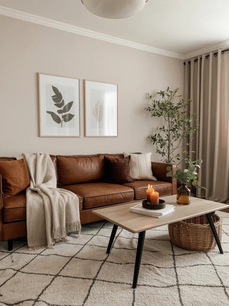 Cozy brown living room with leather sofa, neutral decor, candles, and modern wall art, styled for a warm seasonal refresh.