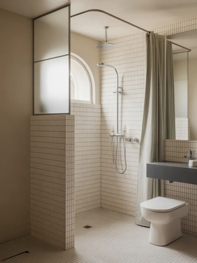 Compact bathroom with walk-in shower featuring a curtain divider, small square tiles, and minimalist fixtures.