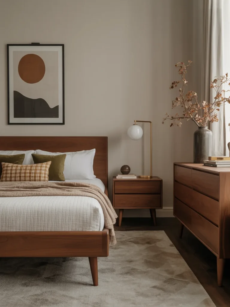 A mid-century modern bedroom with walnut wood furniture, minimalist decor, and earthy tones featuring a platform bed, nightstand, and dresser.