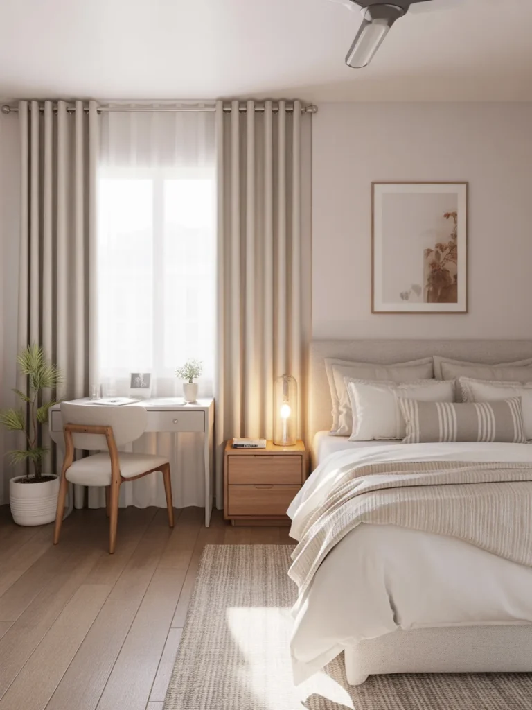 Bright small guest room with a cozy bed, desk, and neutral decor.