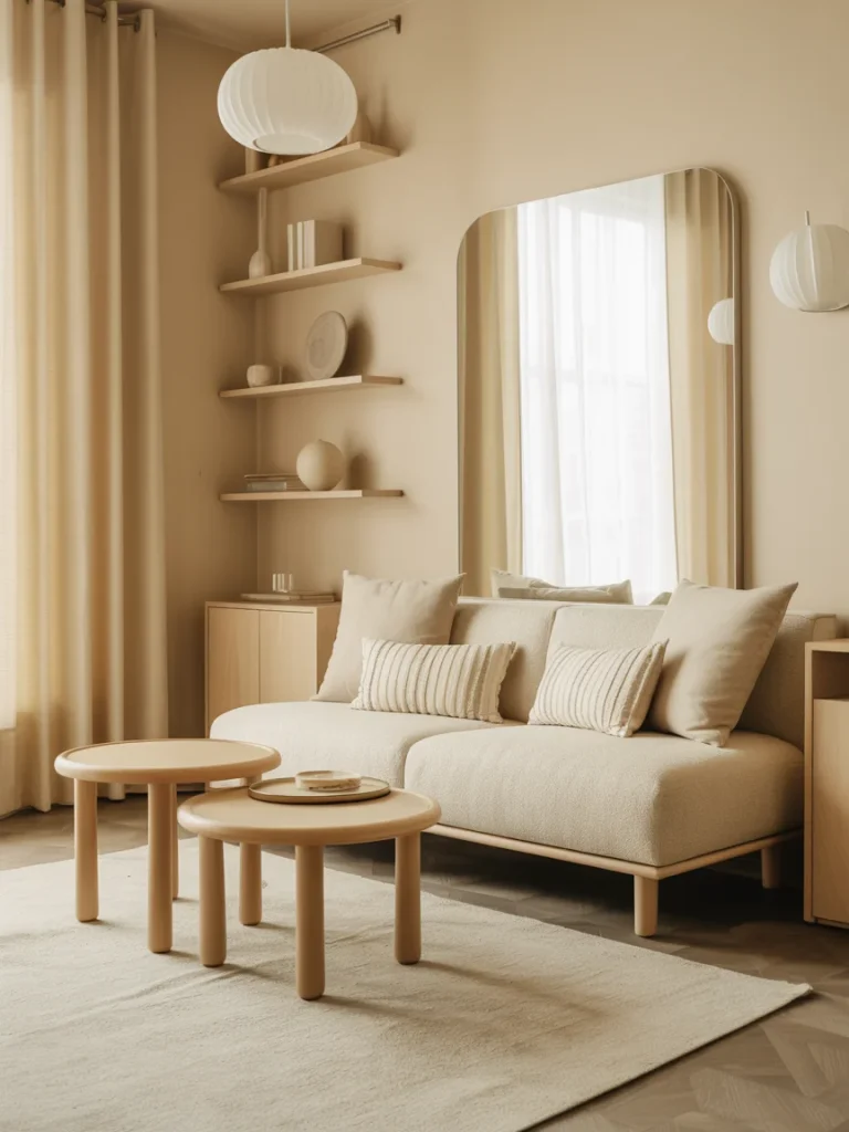 Cozy small living room with minimalist beige furniture, round nesting tables, and a large wall mirror that enhances light and space.