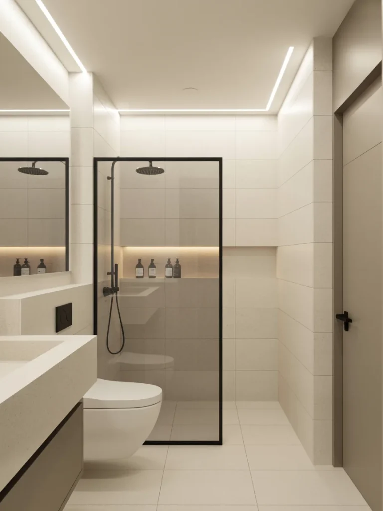 Small minimalist bathroom with glass shower enclosure, floating vanity, and neutral tile design.