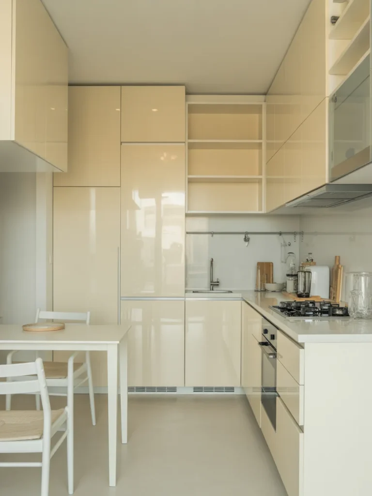 Compact modern kitchen with glossy cream cabinets, minimalist white furniture, and efficient built-in storage.