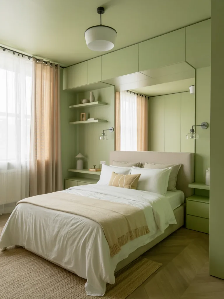 Small sage green bedroom with built-in storage, beige bedding, and natural light creating a cozy minimalist design.