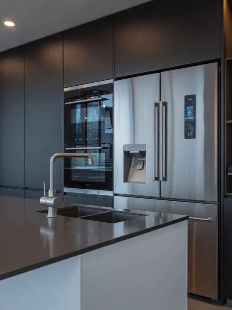 Modern kitchen with smart stainless steel appliances, sleek cabinetry, and a minimalist island design.