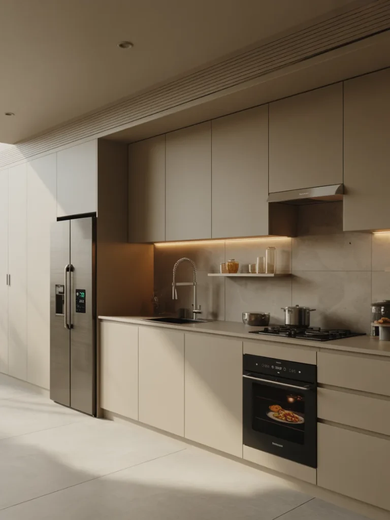 Modern smart kitchen with minimalist beige cabinets, built-in appliances, and integrated lighting showcasing technology-driven design.