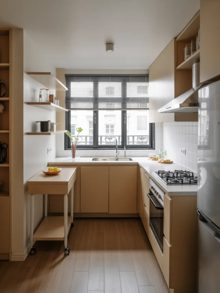 Compact modern kitchen with beige cabinets, wood flooring, and a bright window, designed with an efficient and functional layout.