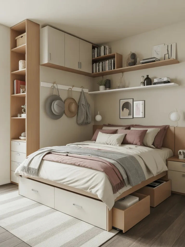 Small bedroom with smart storage solutions including under-bed drawers and wall shelves.