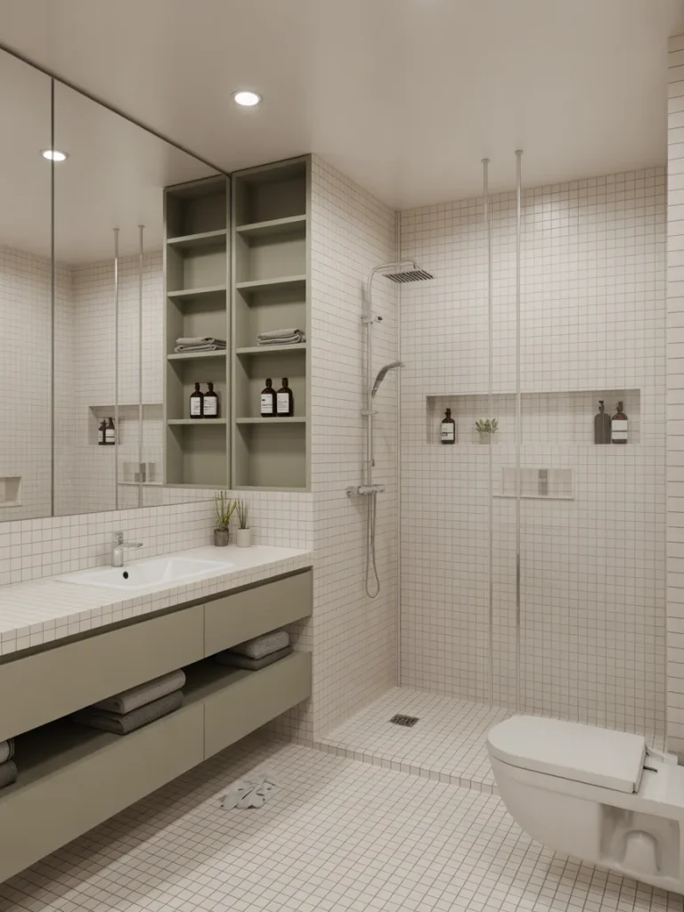 Modern small bathroom with built-in shelves, floating vanity, and walk-in shower with recessed storage niche.