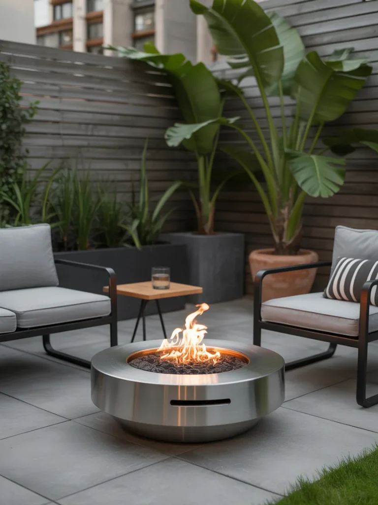 Smokeless stainless steel fire pit on a modern patio with gray tile flooring, surrounded by sleek outdoor chairs and tropical plants.