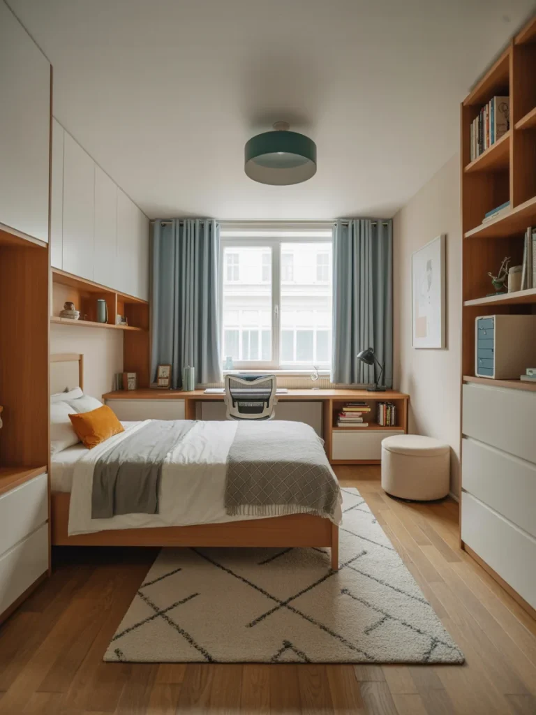 Modern student bedroom with smart furniture layout, wooden accents, and a bright study area by the window.