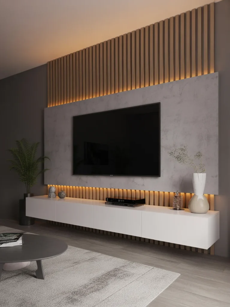 Modern TV wall with wood slat accent design, ambient lighting, and floating white console.