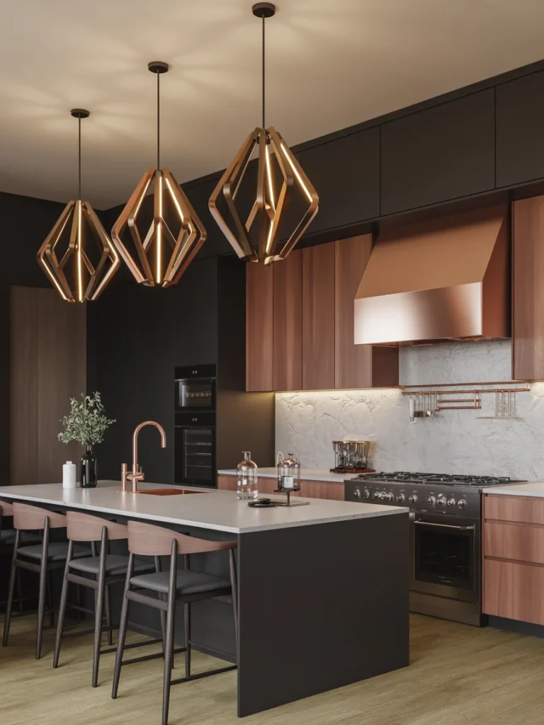 Modern kitchen with bold geometric pendant lights, copper fixtures, and a sleek black and wood design.