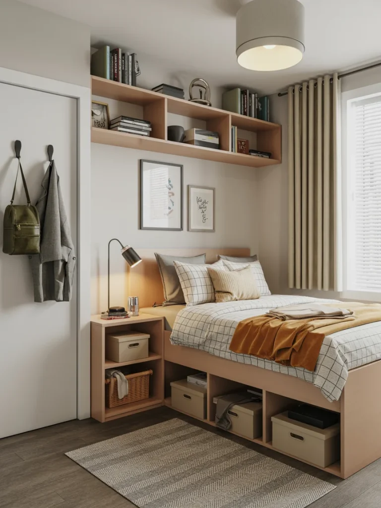 Compact student bedroom with smart built-in storage under the bed and open shelving to keep essentials neatly organized.
