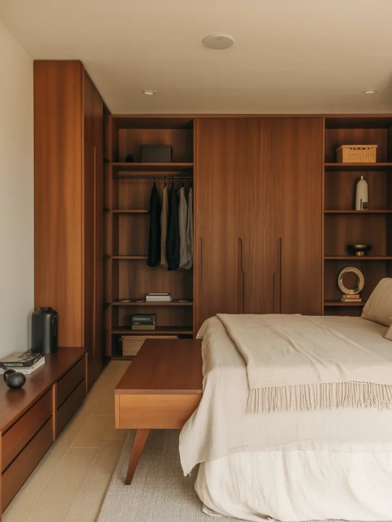 Mid-century modern bedroom with built-in wooden storage cabinets and minimalist design for an uncluttered look.